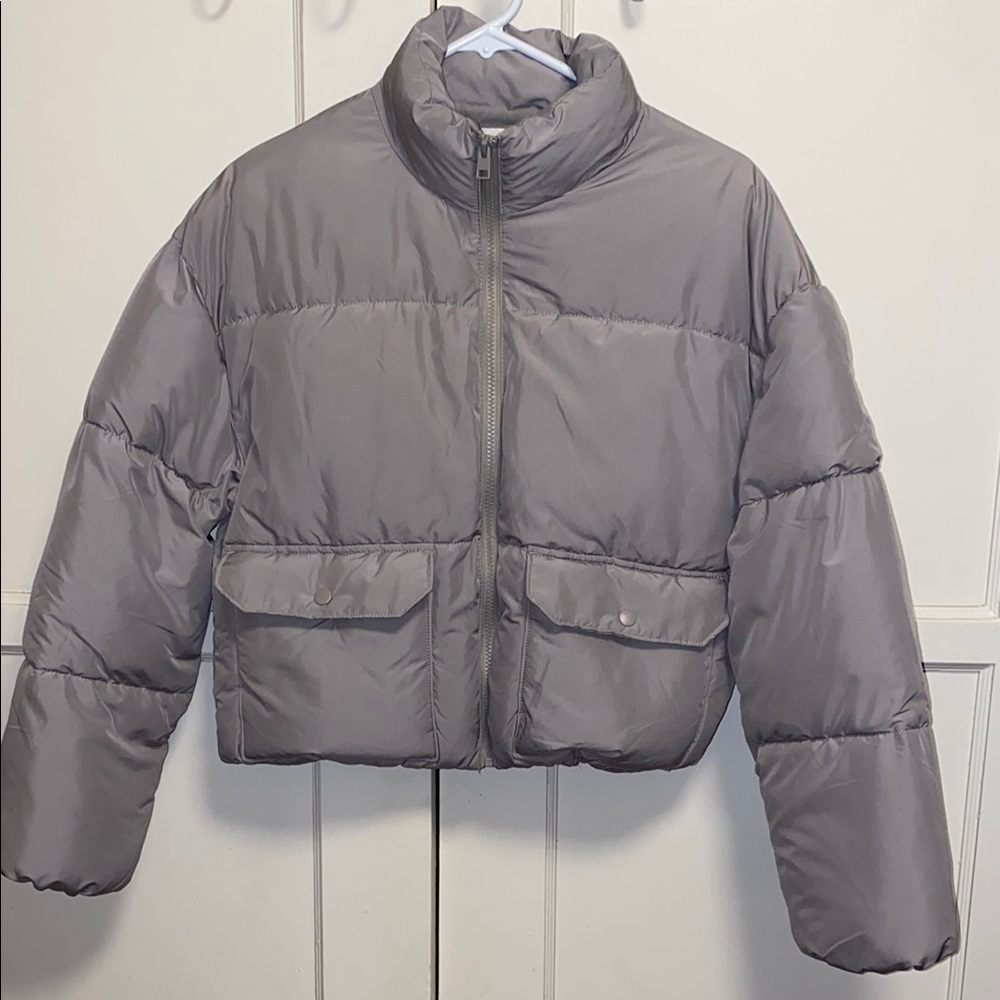 May Design Small Light Gray Quilted Cropped Puffer Jacket with High Collar - Picture 1 of 14